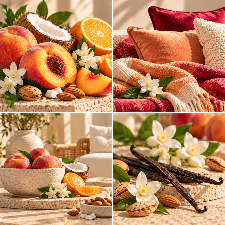 Sweet Peach wax melt mood board with peaches, coral textiles, coconut and vanilla.