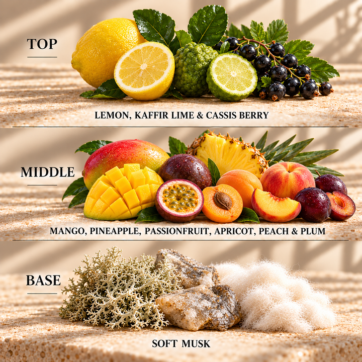 Top, middle and base scent notes for Thai Lime &amp; Mango fruity inspired wax melt by Smith &amp; Kennedy Scents
