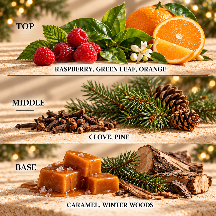The Nutcracker fragrance notes: top Raspberry, Green Leaf, Orange; middle Clove, Pine; base Caramel, Winter Woods