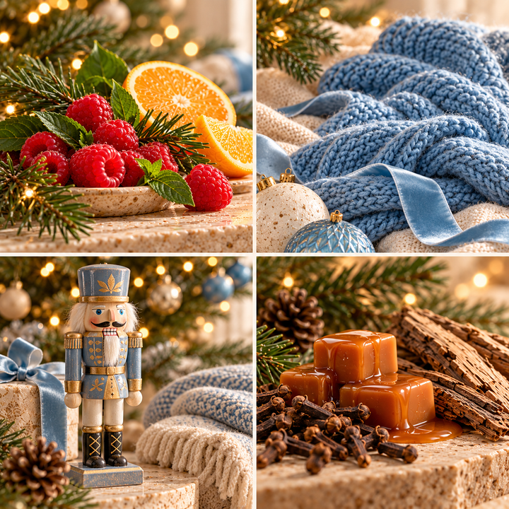 The Nutcracker Christmas wax melt mood board with raspberries, orange, blue knitwear and a decorative nutcracker.