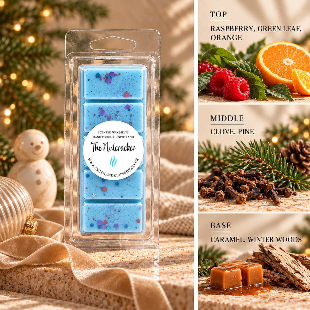 The Nutcracker Christmas wax melt snap bar by Smith &amp; Kennedy Scents with festive styling and fragrance notes