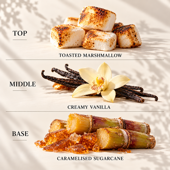 Top, middle and base scent notes for Toasted Marshmallow autumn inspired wax melt by Smith &amp; Kennedy Scents