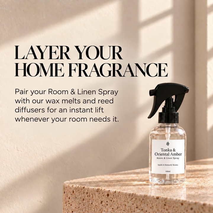 Layer your home fragrance with Tonka &amp; Oriental Amber Room &amp; Linen Spray, wax melts and reed diffusers