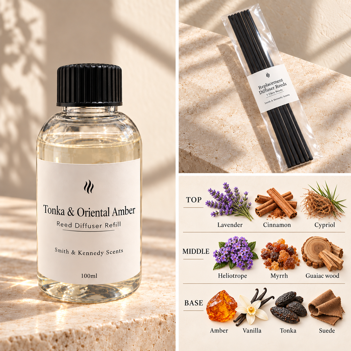 Tonka & Oriental Amber 100ml reed diffuser refill bottle, included pack of 7 fibre reeds and fragrance notes