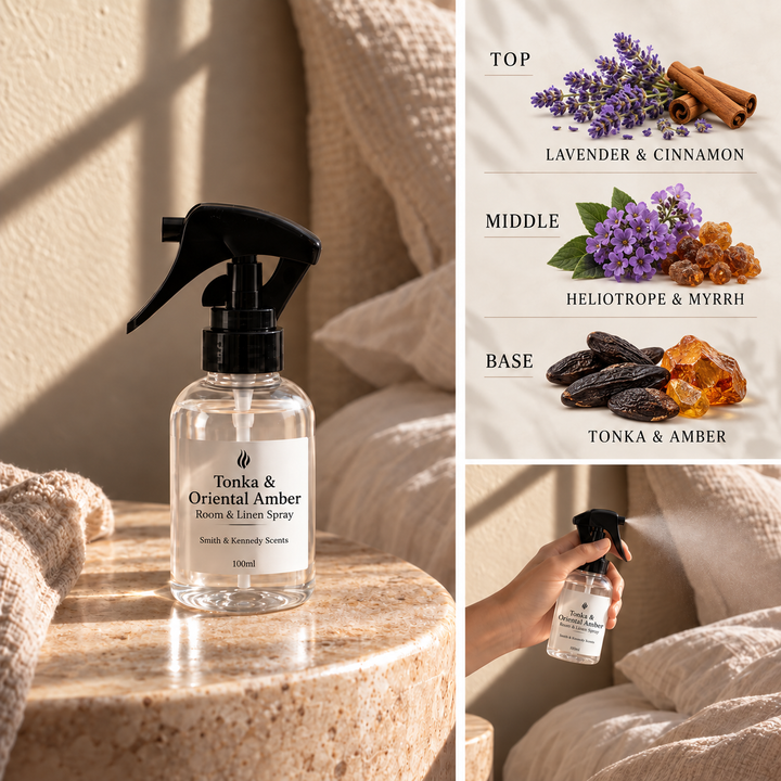 Tonka &amp; Oriental Amber Room &amp; Linen Spray with lavender, cinnamon, heliotrope, myrrh, tonka and amber notes