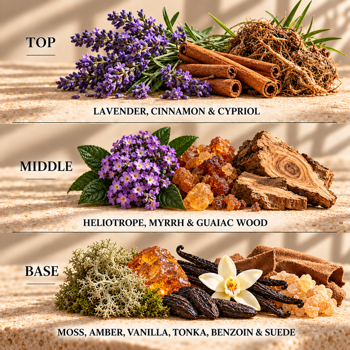 Top, middle and base scent notes for Tonka & Oriental Amber woody inspired wax melt by Smith & Kennedy Scents