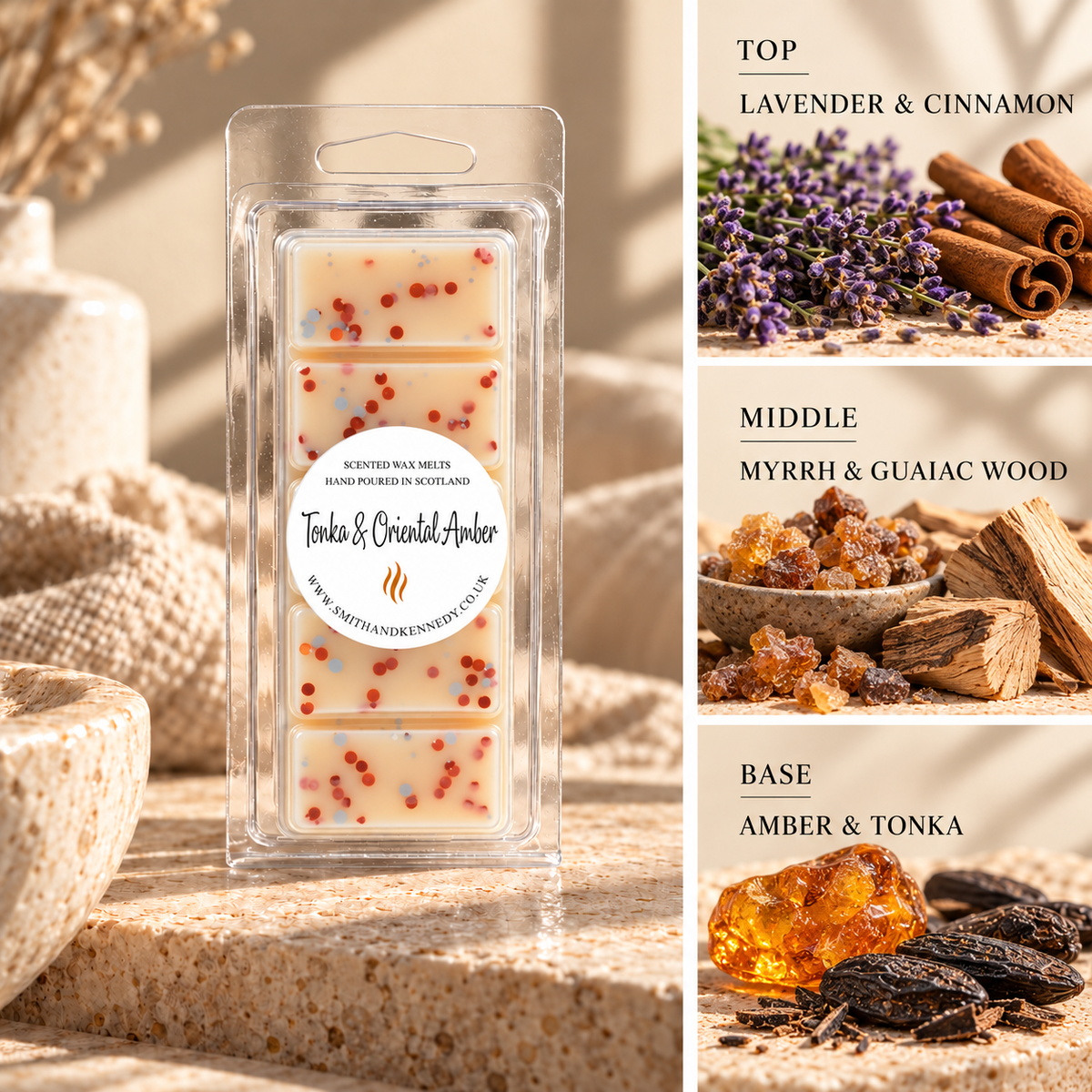 Tonka & Oriental Amber woody inspired wax melt snap bar by Smith & Kennedy Scents
