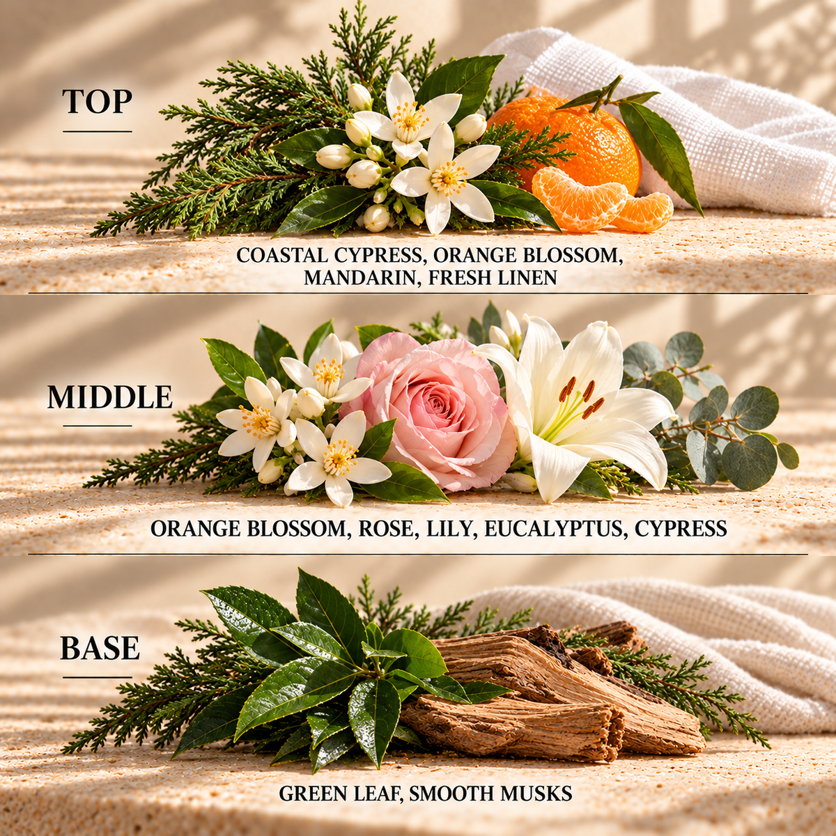 Top, middle and base scent notes for Vacay Vibes laundry inspired wax melt by Smith & Kennedy Scents