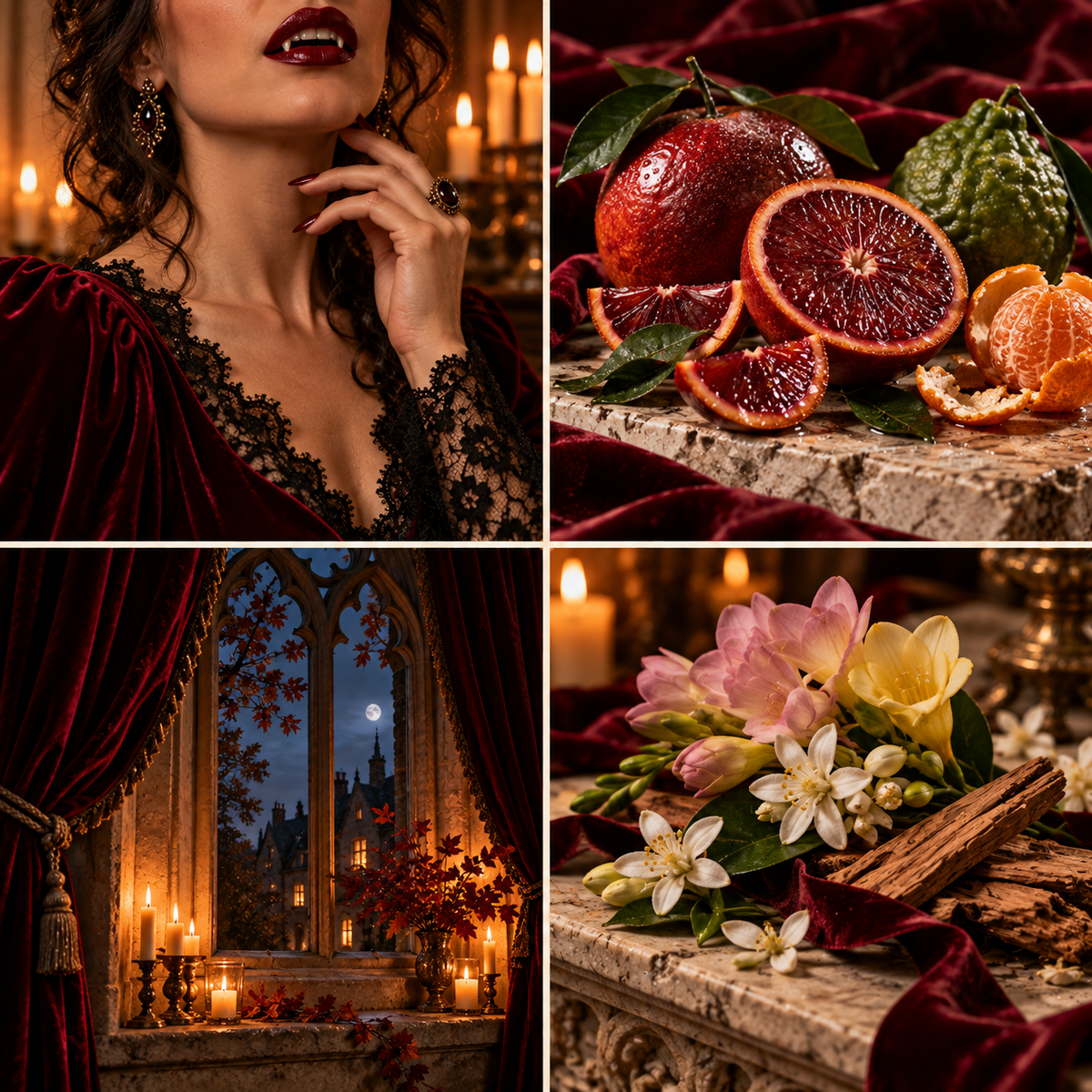 Four-panel Halloween mood board for Vampire Blood wax melts: a crimson velvet vampire, blood orange and citrus, a gothic window and delicate florals with sandalwood.