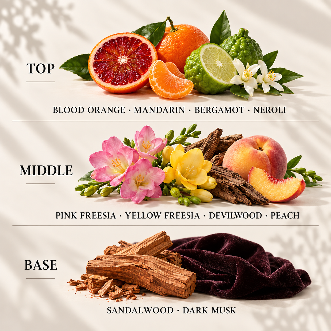 Top, middle and base scent notes for Vampire Blood halloween inspired wax melt by Smith &amp; Kennedy Scents