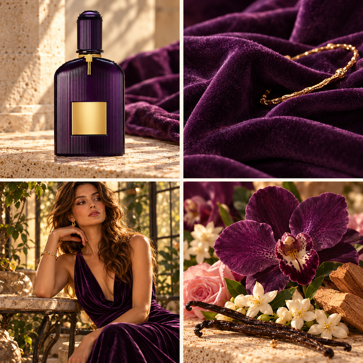 Four-panel mood board for Velvet Orchid perfume-inspired wax melts: purple ribbed bottle, violet velvet, conservatory fashion and orchid with vanilla.