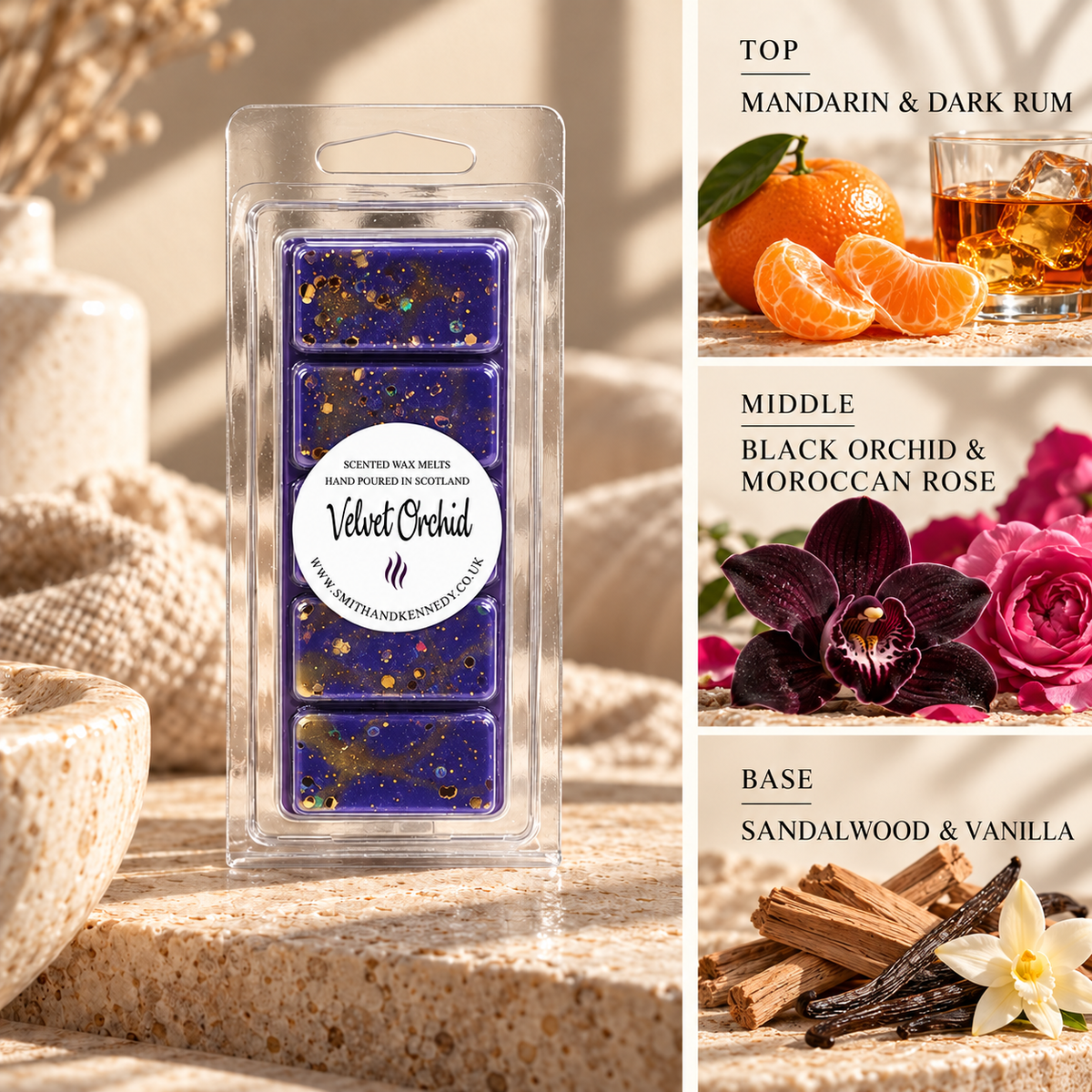 Velvet Orchid perfume inspired wax melt snap bar by Smith & Kennedy Scents