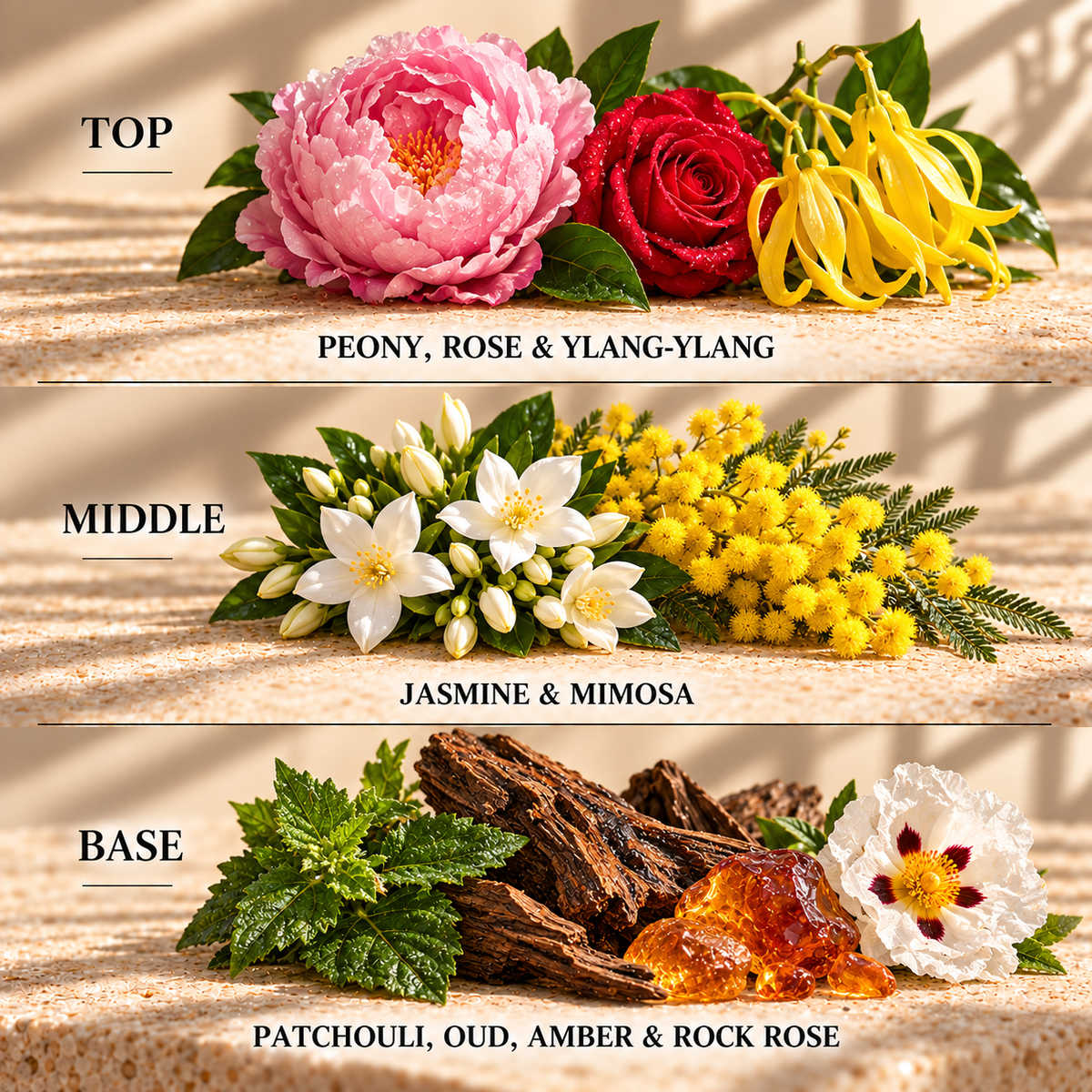 Top, middle and base scent notes for Velvet Peony & Oud woody inspired wax melt by Smith & Kennedy Scents