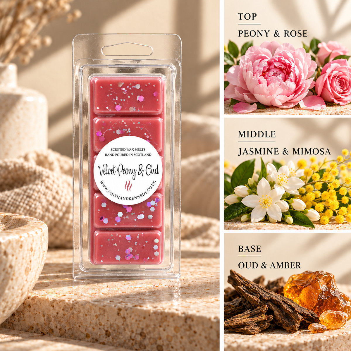 Velvet Peony & Oud woody inspired wax melt snap bar by Smith & Kennedy Scents