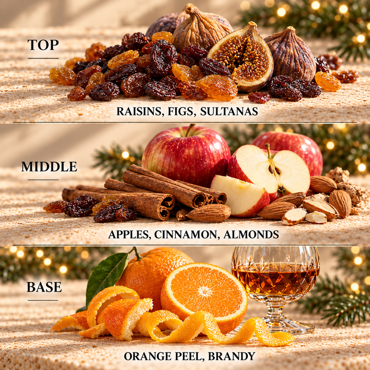 Warm Mince Pie fragrance notes: top Raisins, Figs, Sultanas; middle Apples, Cinnamon, Almonds; base Orange Peel, Brandy