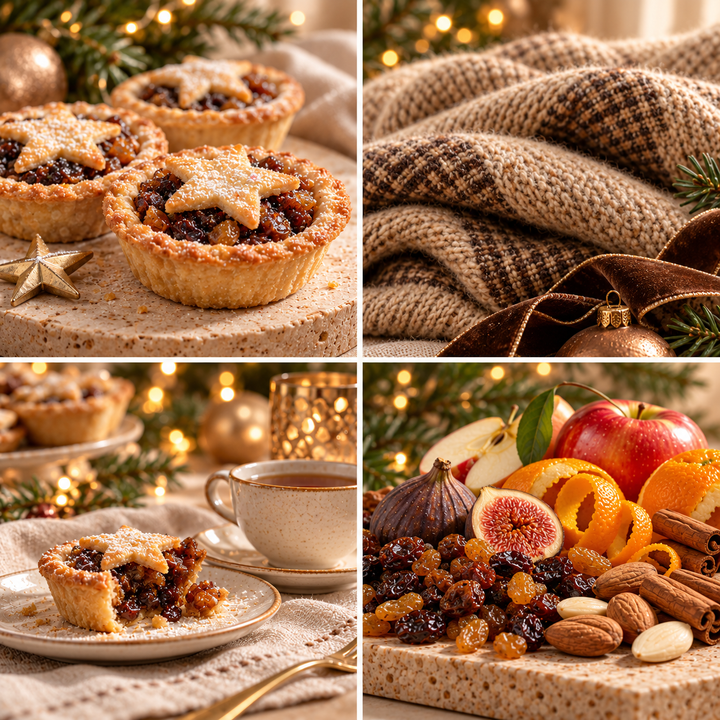 Warm Mince Pie Christmas wax melt mood board with mince pies, warm tan knitwear, dried fruit, almonds and orange peel.