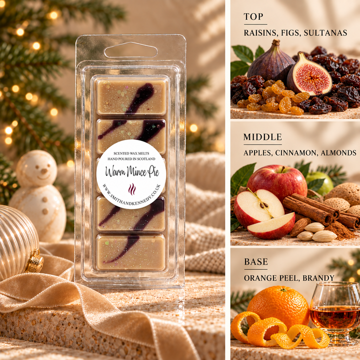 Warm Mince Pie Christmas wax melt snap bar by Smith &amp; Kennedy Scents with festive styling and fragrance notes