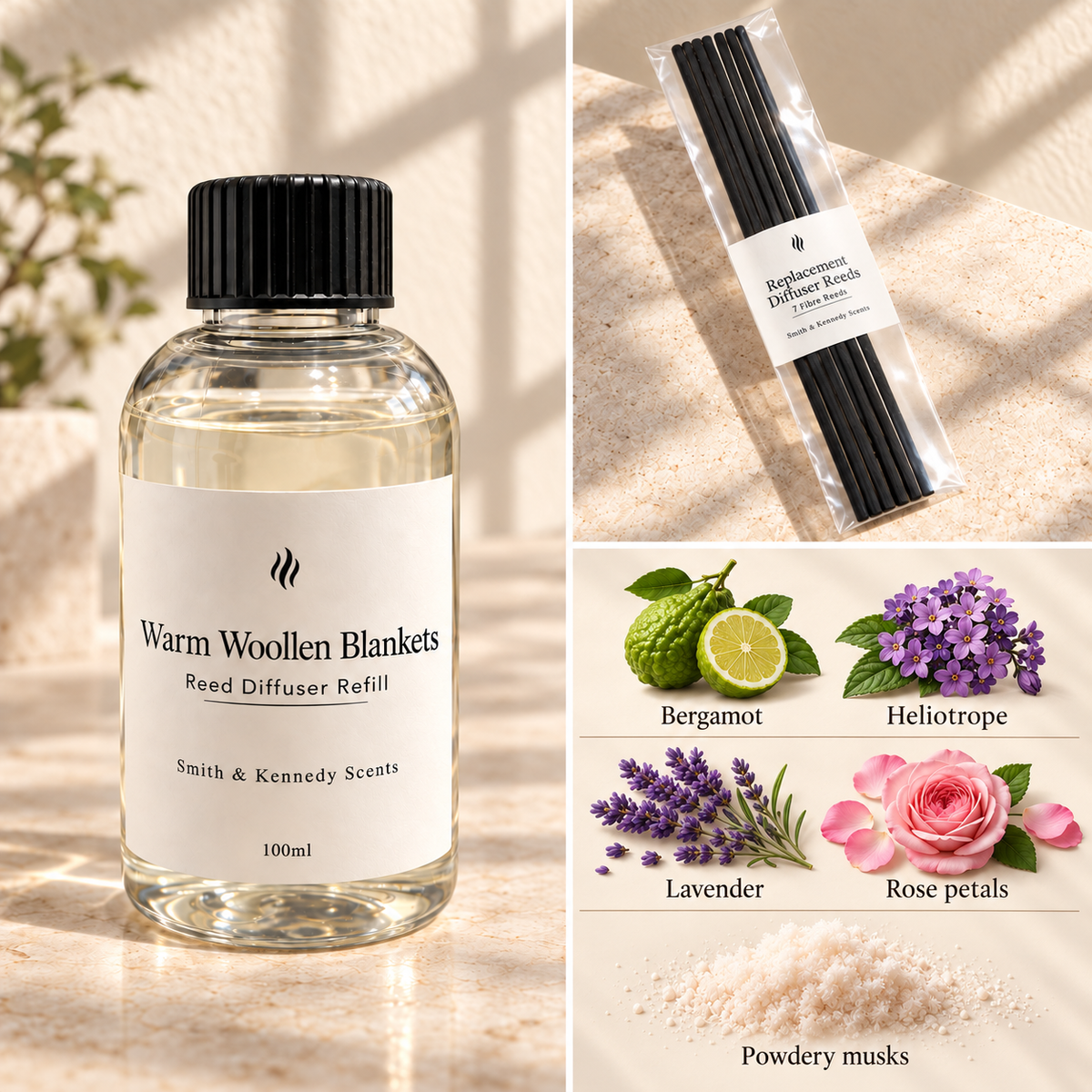 Warm Woollen Blankets 100ml reed diffuser refill bottle, included pack of 7 fibre reeds and fragrance notes