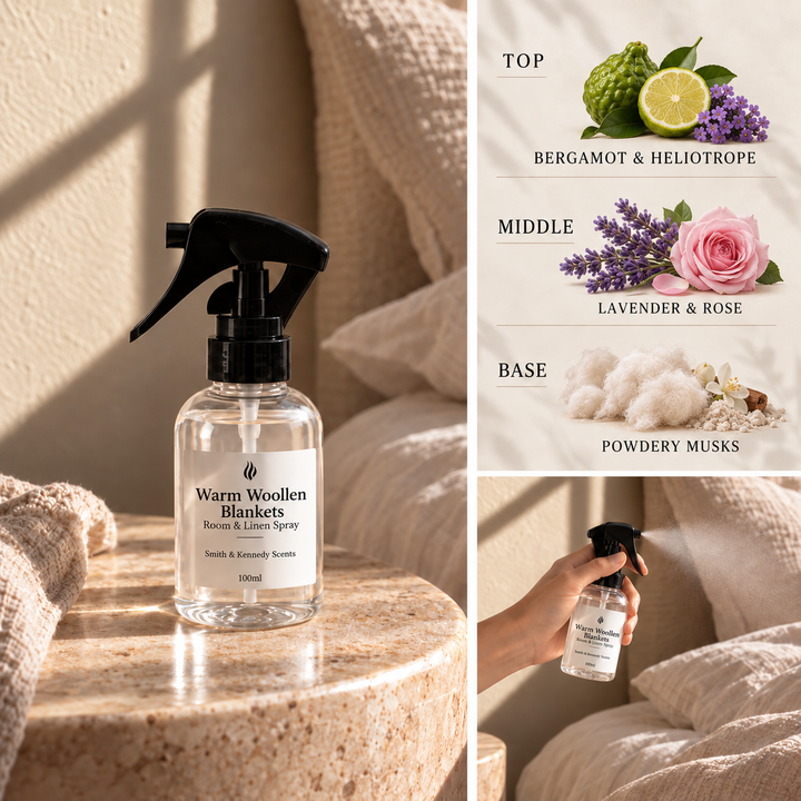 Warm Woollen Blankets Room &amp; Linen Spray with bergamot, heliotrope, lavender, rose and powdery musk notes