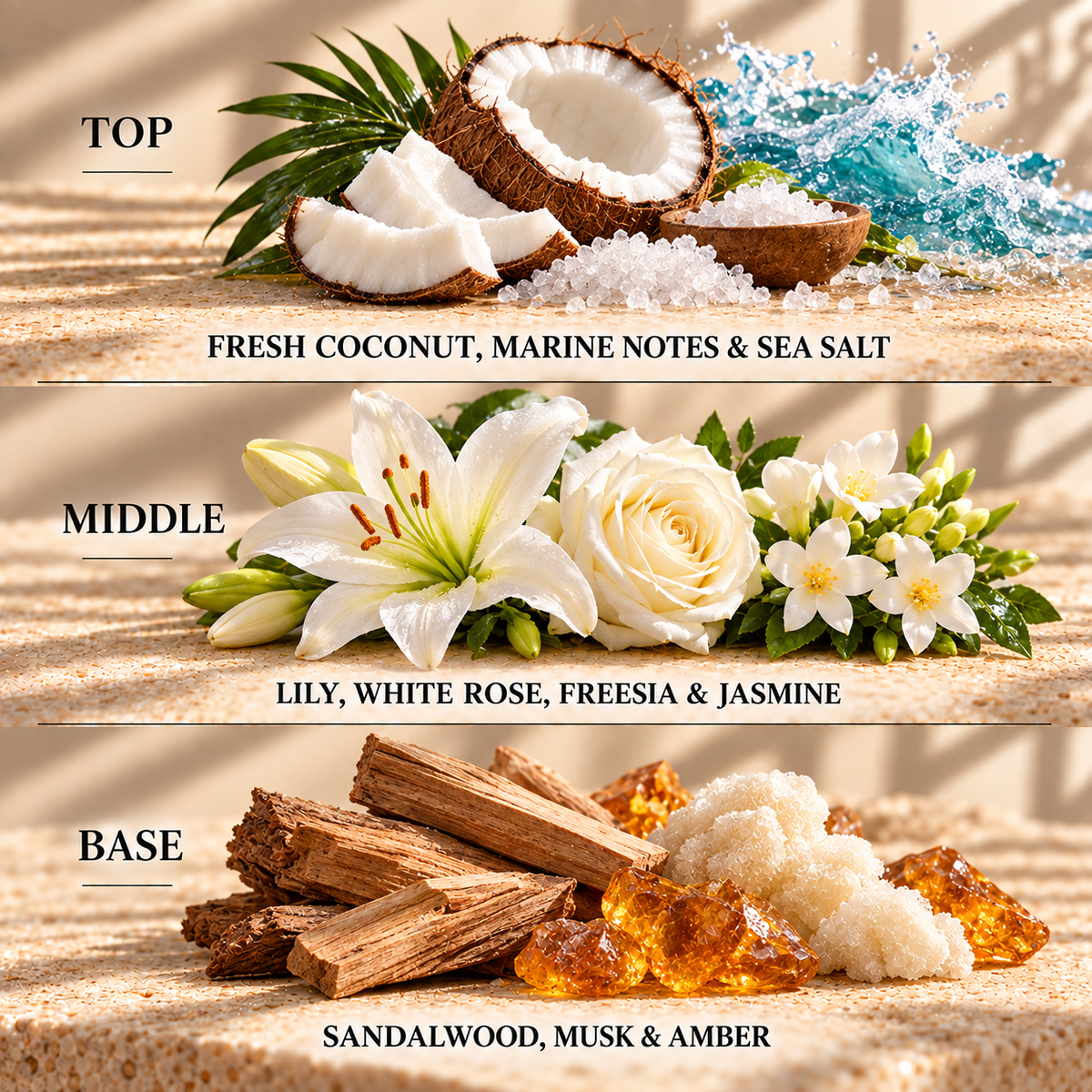 Top, middle and base scent notes for Waterfall Wishes spa inspired wax melt by Smith & Kennedy Scents