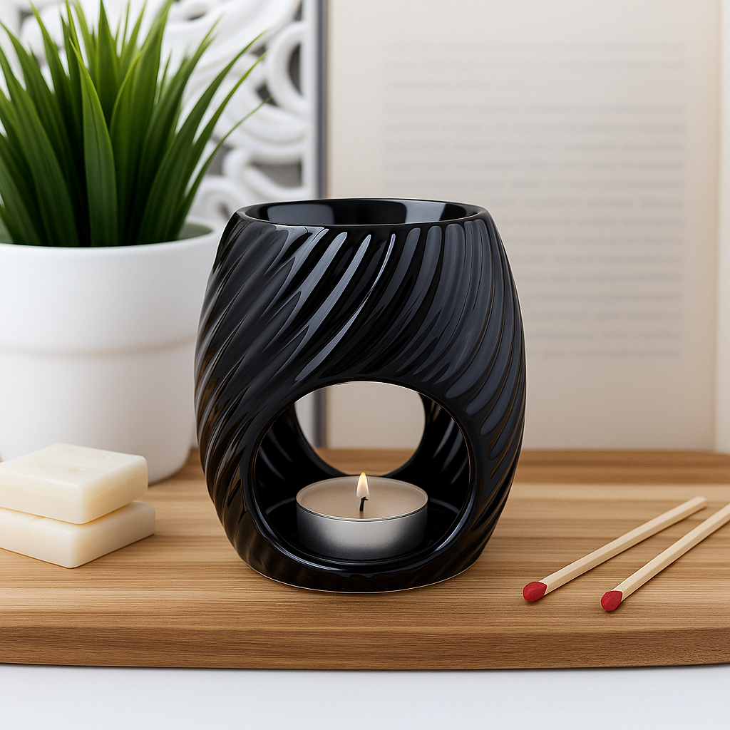 Tea Light Wax Melt Burner in Black Ceramic with Modern Wave Design. UK