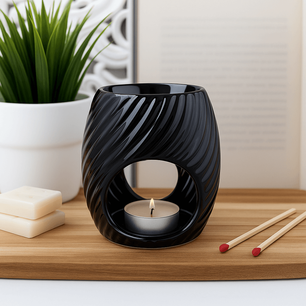 Tea Light Wax Melt Burner in Black Ceramic with Modern Wave Design. UK
