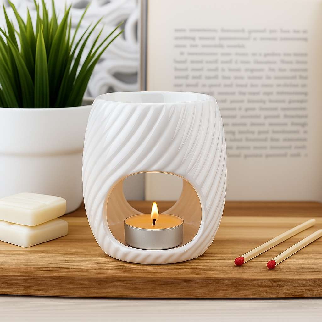 Tea Light Wax Melt Burner in White Ceramic with Modern Wave Design. UK
