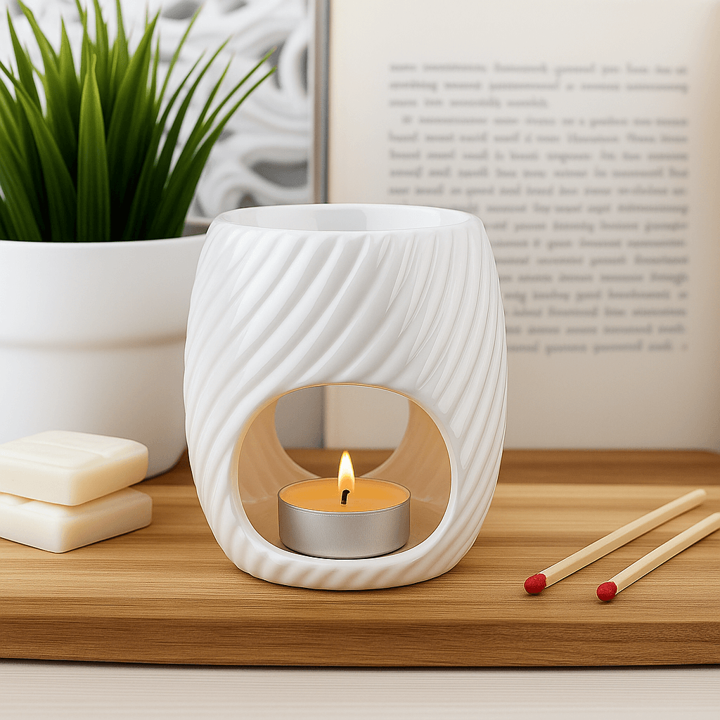 Tea Light Wax Melt Burner in White Ceramic with Modern Wave Design. UK