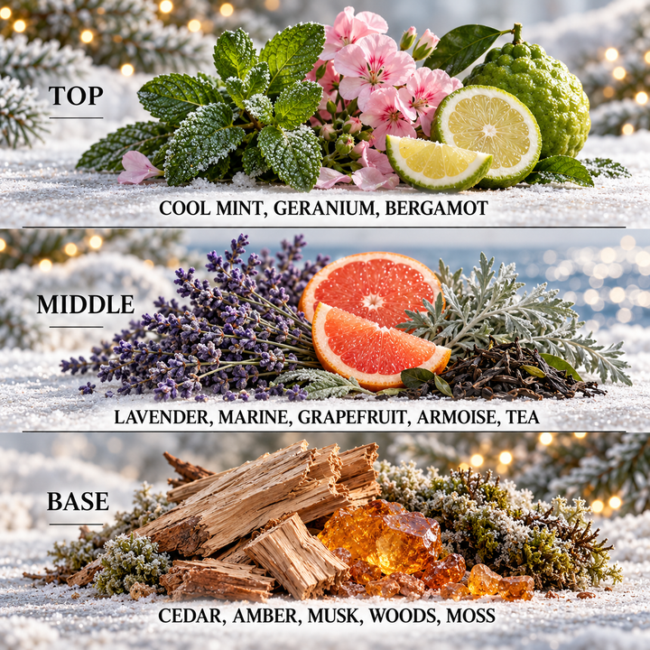 Whispers of Winter fragrance notes: cool mint, geranium and bergamot; lavender, marine, grapefruit, armoise and tea; cedar, amber, musk, woods and moss