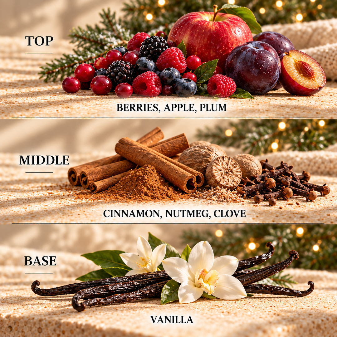 Winter Berries &amp; Spice fragrance notes: top Berries, Apple, Plum; middle Cinnamon, Nutmeg, Clove; base Vanilla