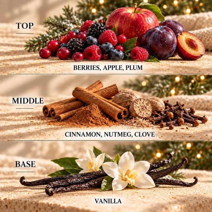 Winter Berries &amp; Spice fragrance notes: top Berries, Apple, Plum; middle Cinnamon, Nutmeg, Clove; base Vanilla