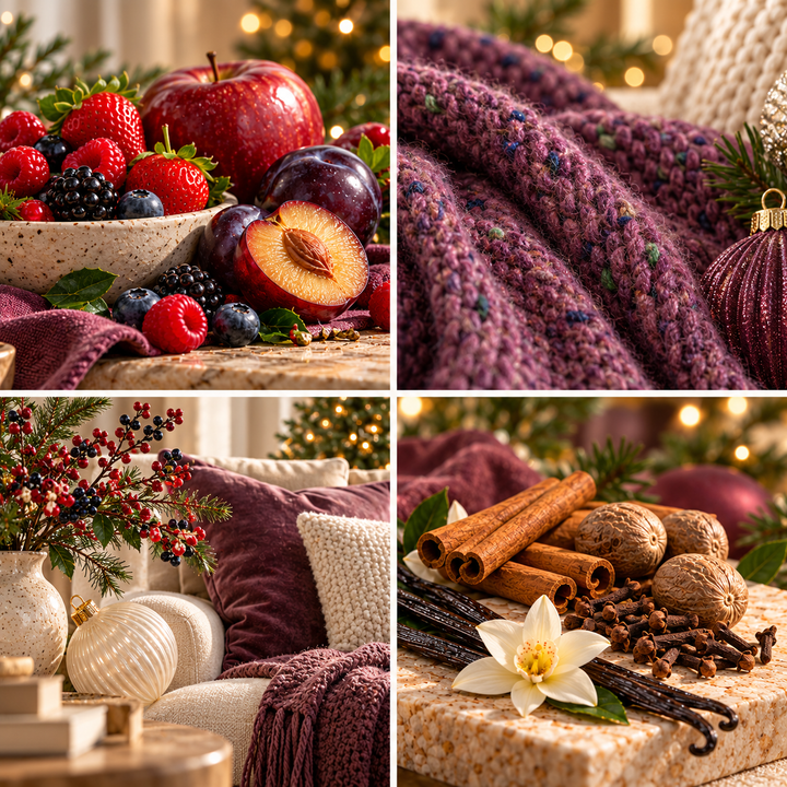 Winter Berries &amp; Spice Christmas wax melt mood board with winter berries, plum-coloured knitwear and warm Christmas spices.