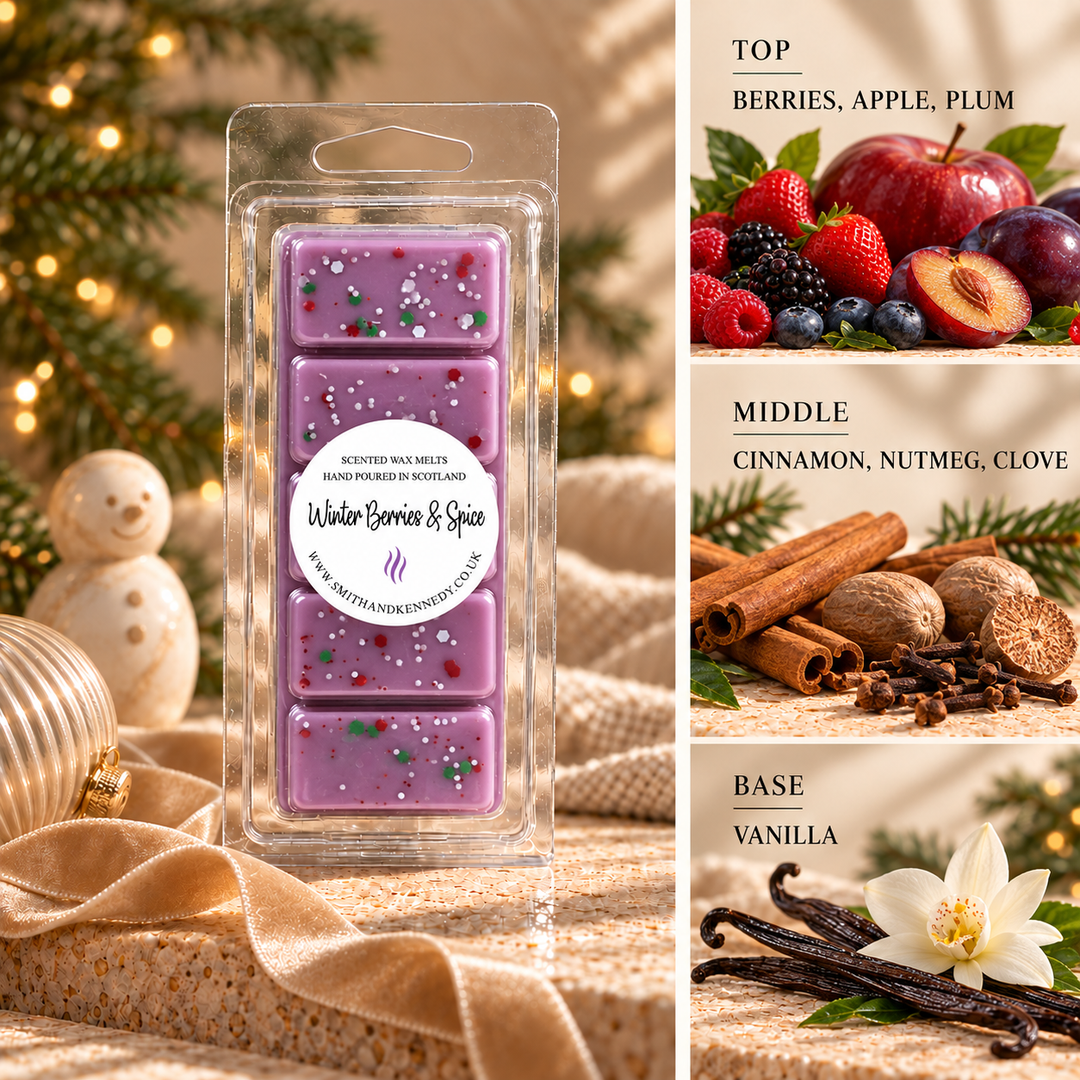 Winter Berries &amp; Spice Christmas wax melt snap bar by Smith &amp; Kennedy Scents with festive styling and fragrance notes