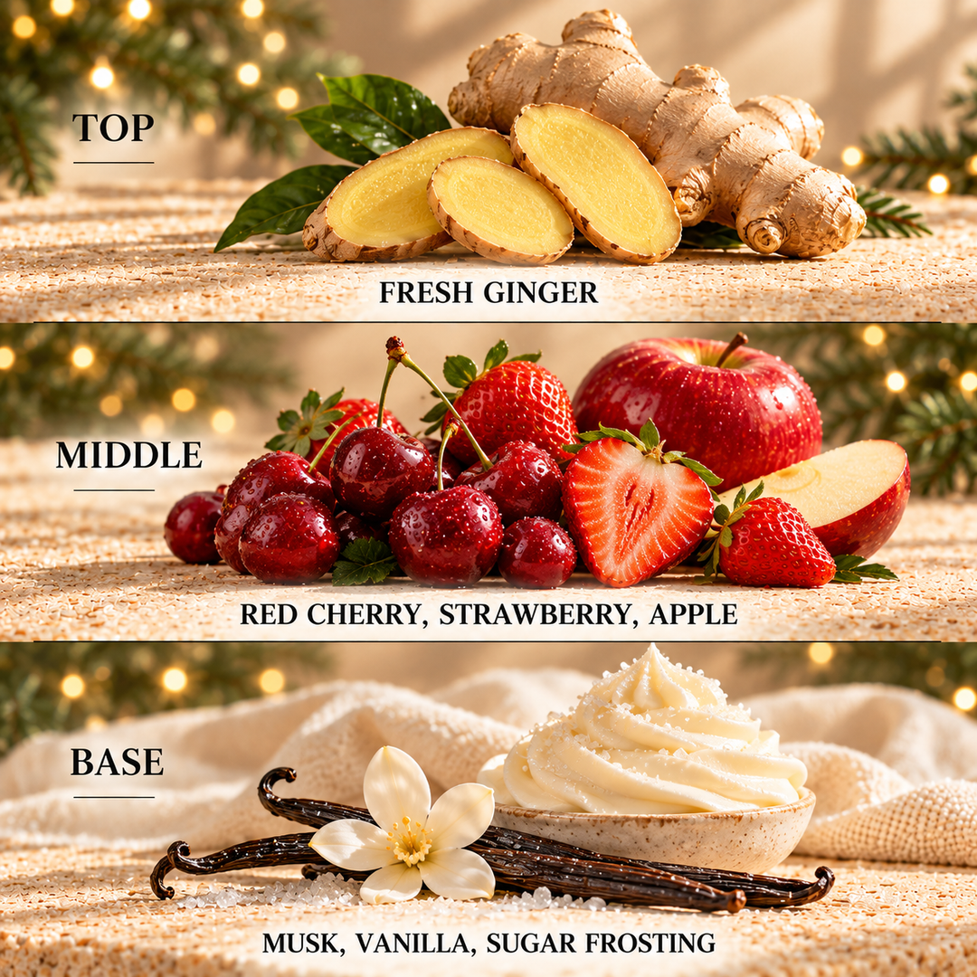 Winter Cherry &amp; Ginger fragrance notes: top Fresh Ginger; middle Red Cherry, Strawberry, Apple; base Musk, Vanilla, Sugar Frosting