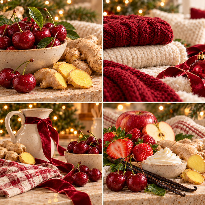 Winter Cherry &amp; Ginger Christmas wax melt mood board with cherries, ginger, red and ivory knitwear and sweet frosting.