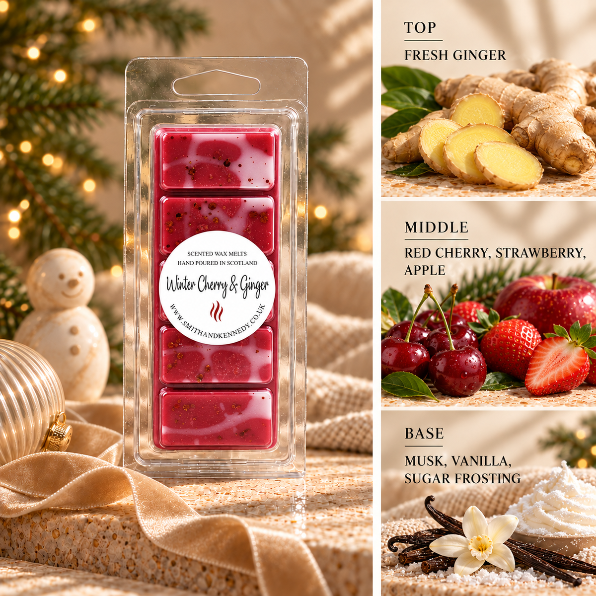Winter Cherry & Ginger Christmas wax melt snap bar by Smith & Kennedy Scents with festive styling and fragrance notes
