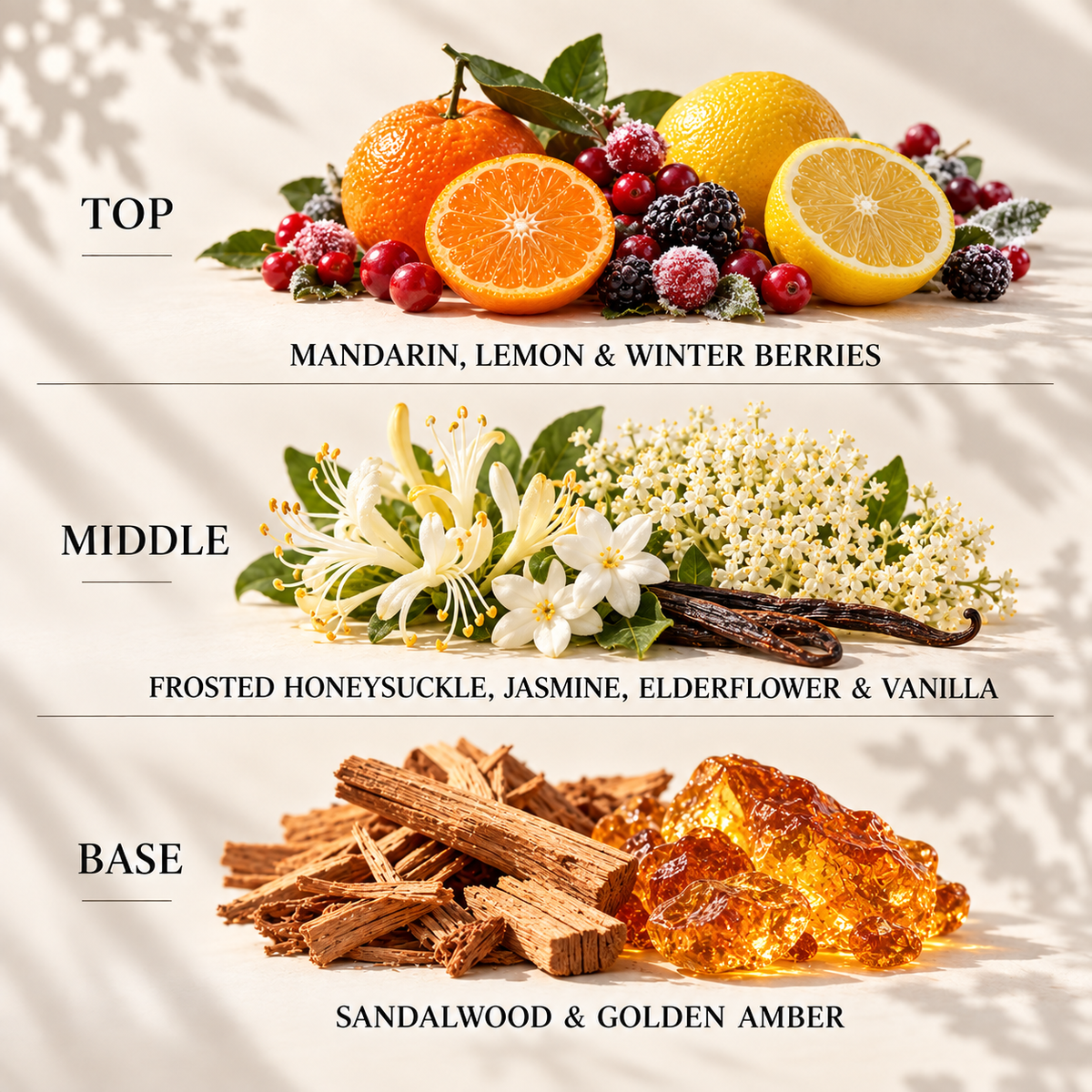 Top, middle and base scent notes for Winter Honeysuckle & Elderflower autumn inspired wax melt by Smith & Kennedy Scents