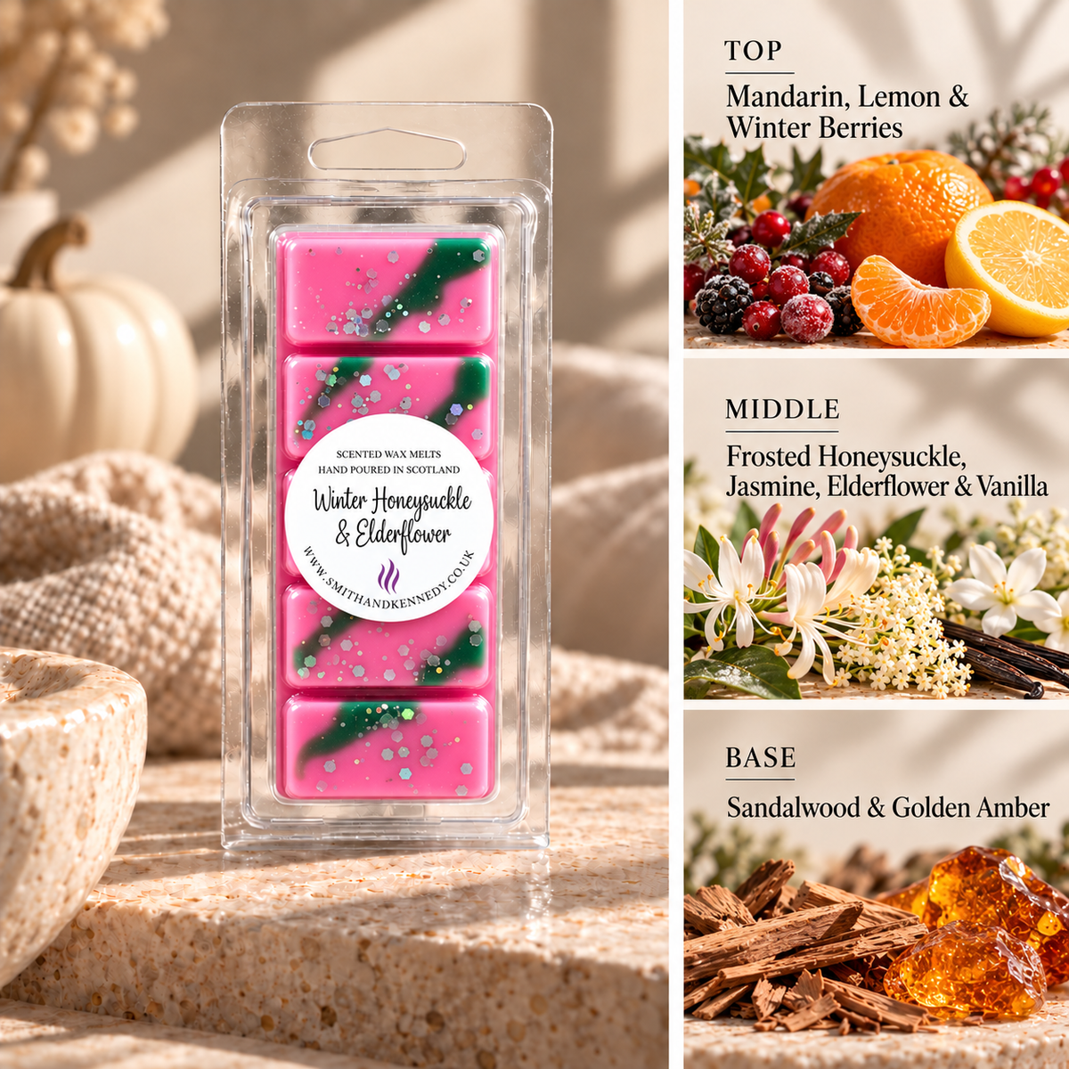 Winter Honeysuckle & Elderflower autumn inspired wax melt snap bar by Smith & Kennedy Scents