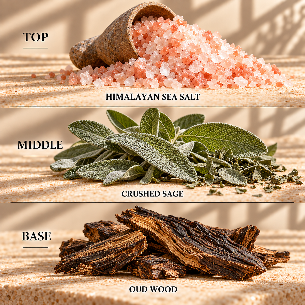 Top, middle and base scent notes for Wood Sage & Sea Salt spa inspired wax melt by Smith & Kennedy Scents