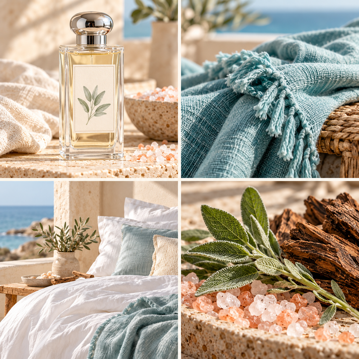 Wood Sage &amp; Sea Salt wax melt mood board with a clear perfume bottle, sage, coastal details and soft aqua fabric.