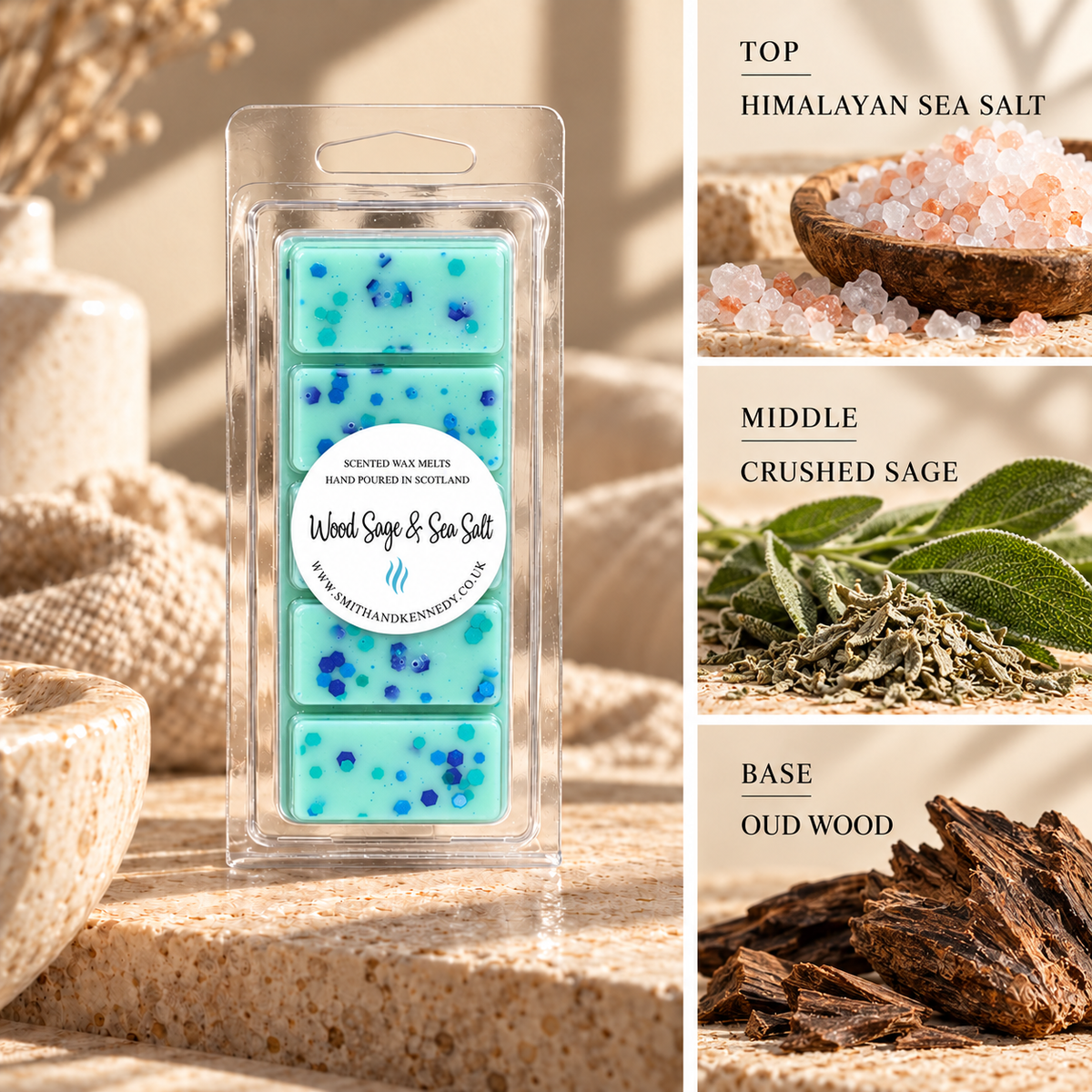 Wood Sage & Sea Salt spa inspired wax melt snap bar by Smith & Kennedy Scents